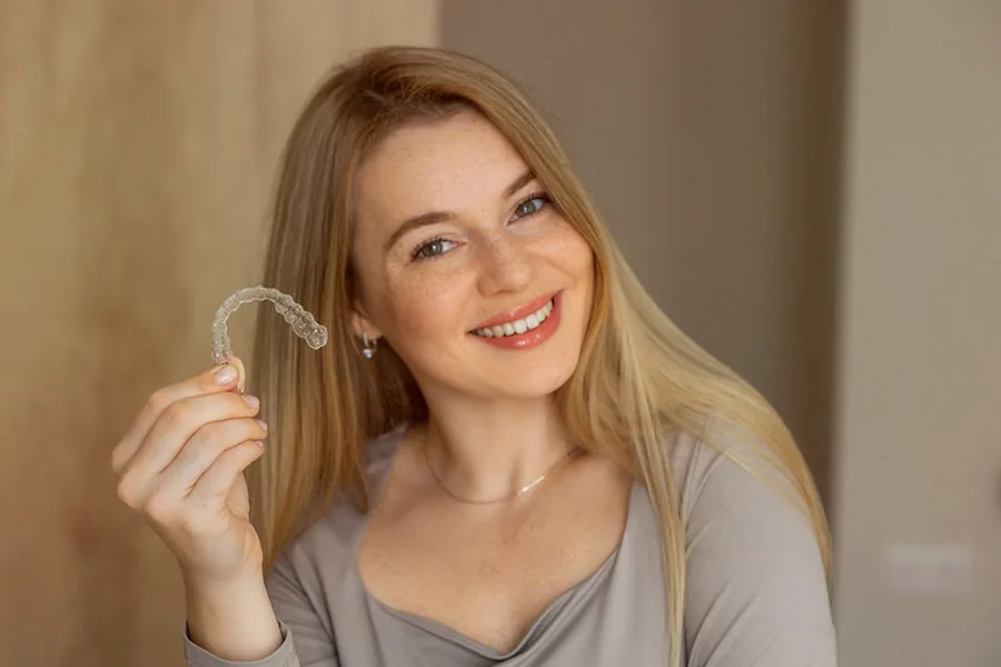 Patient Holding Clear Aligner Smiling woman holding a clear aligner tray